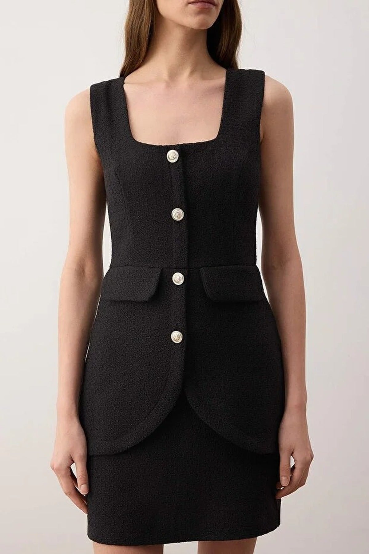 Premium Tweed Mini Woven Dress with Button Detail