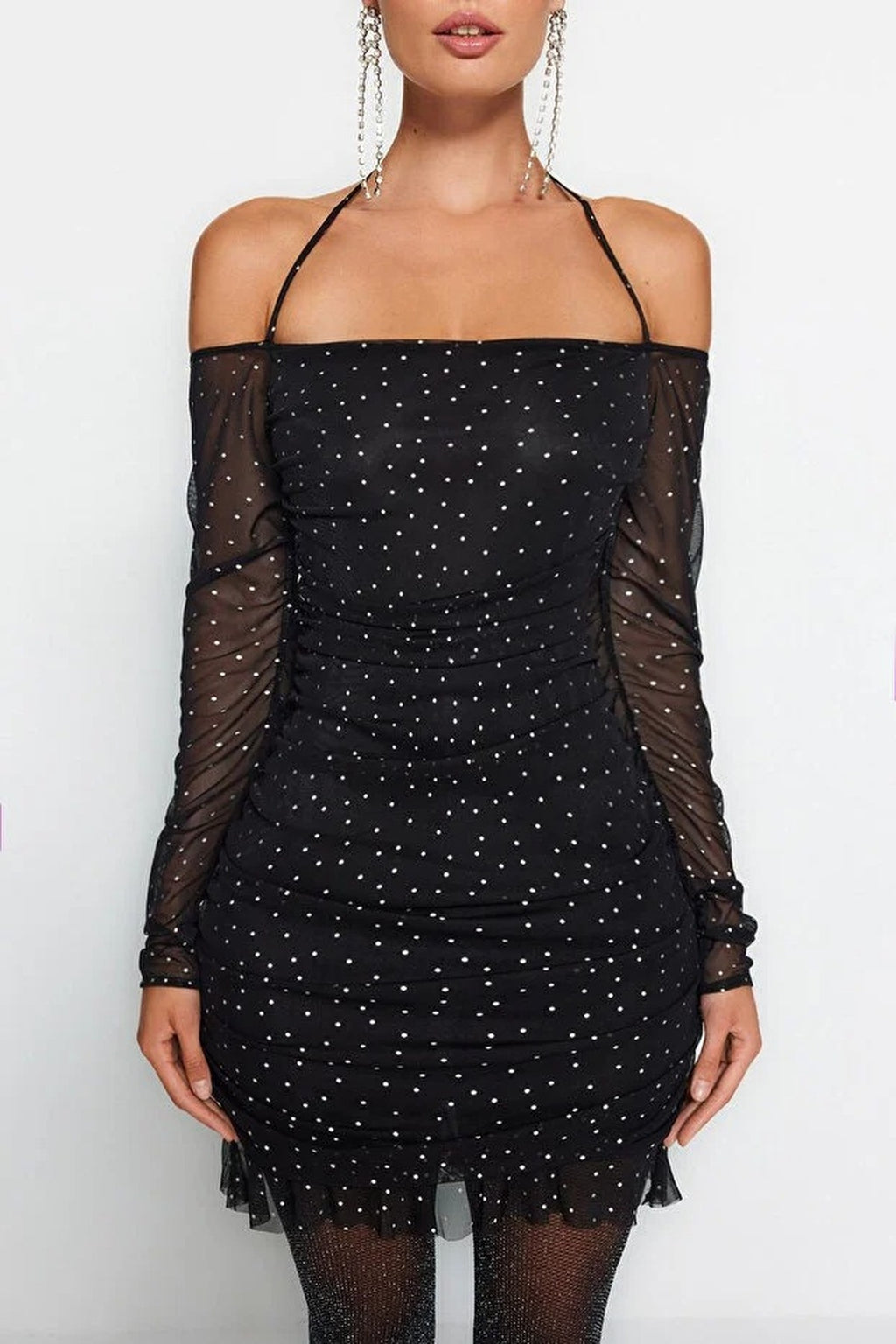 Polka Dot Tulle Short Evening Dress with Lining and Draping Detail