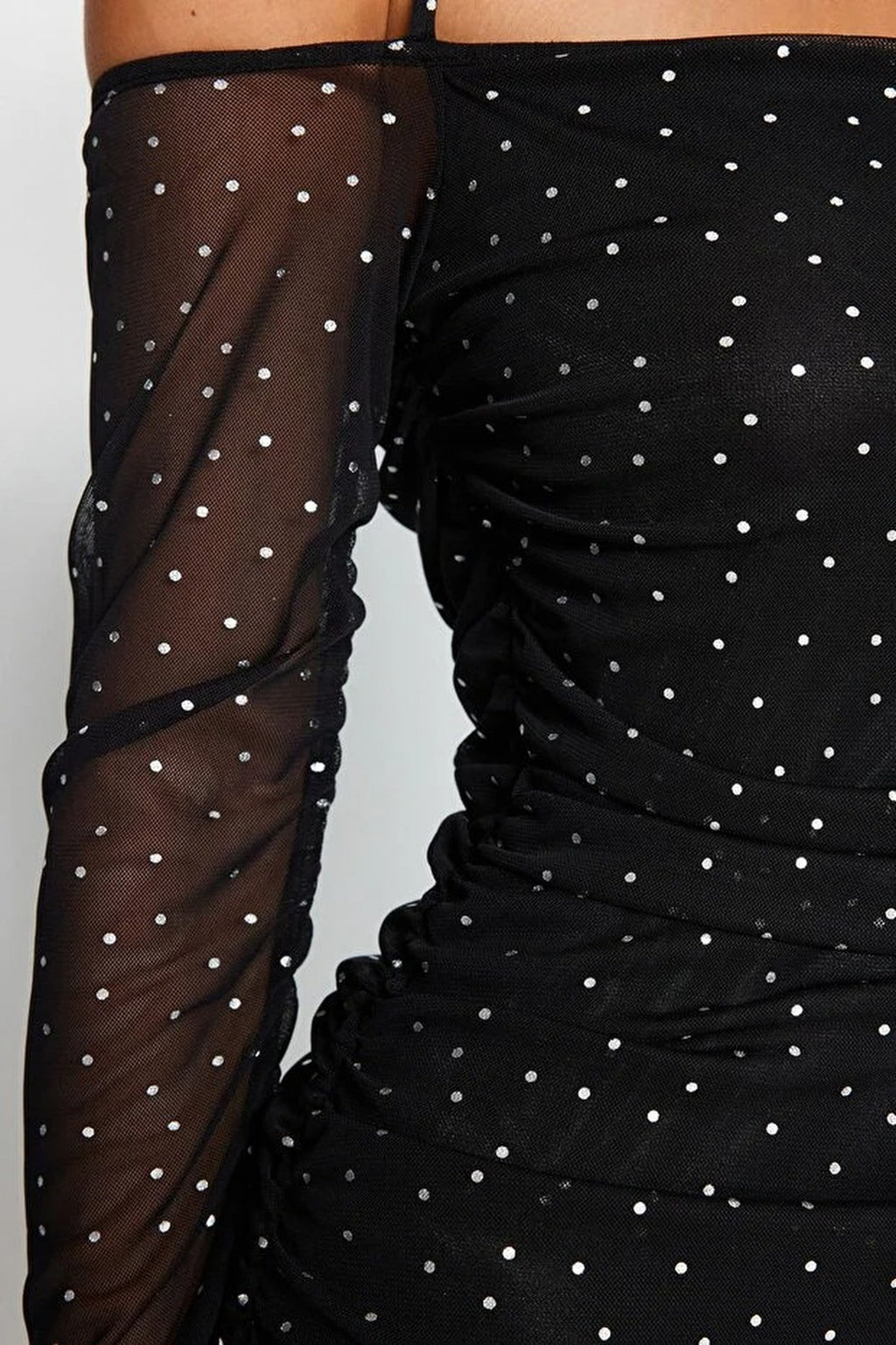 Polka Dot Tulle Short Evening Dress with Lining and Draping Detail