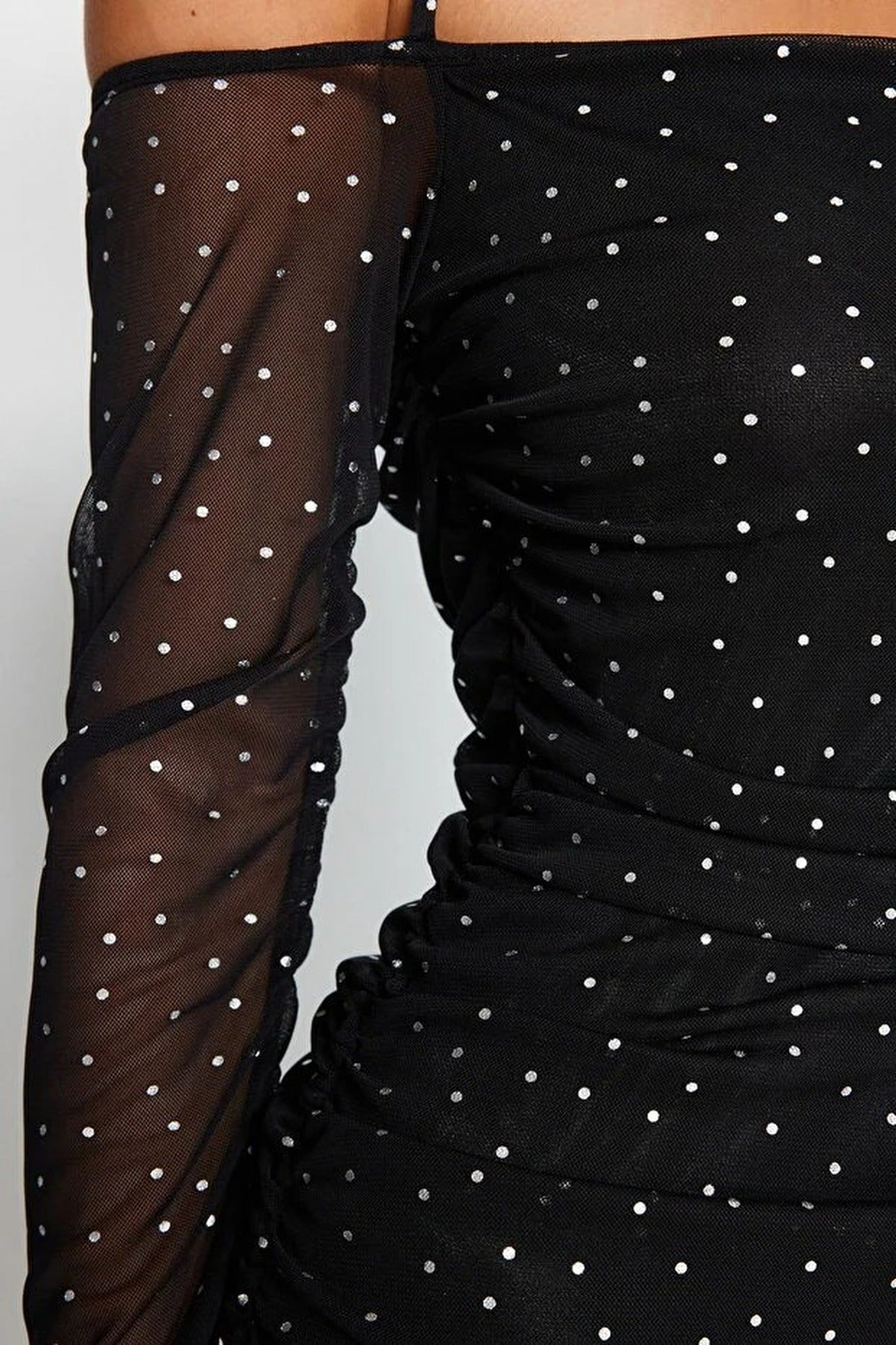 Polka Dot Tulle Short Evening Dress with Lining and Draping Detail