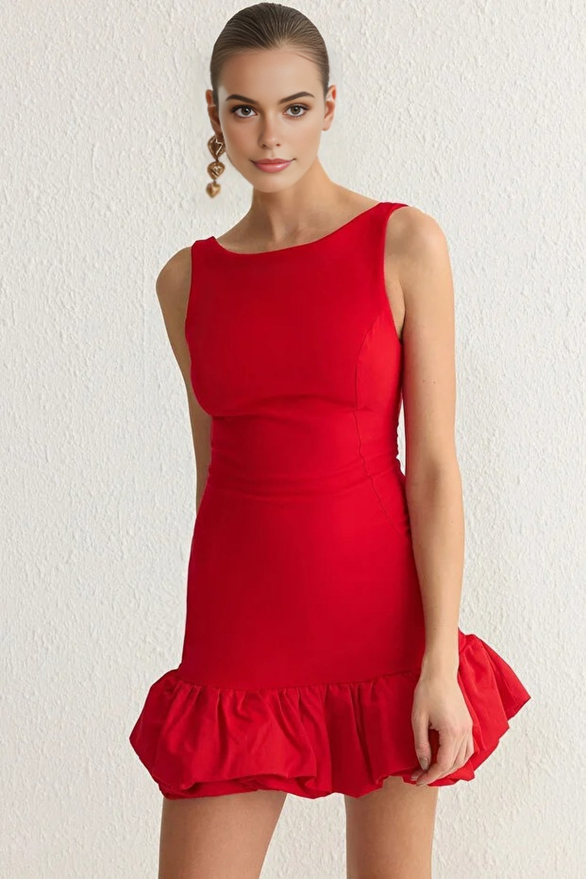 Balloon Skirt Detailed Woven Short Dress with Under Shorts Lining