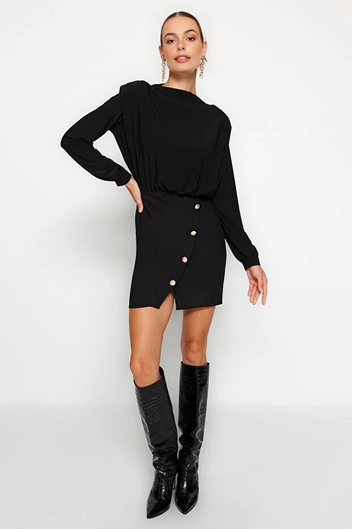 Button Detailed Mini Woven Dress with Padded Shoulder Pads