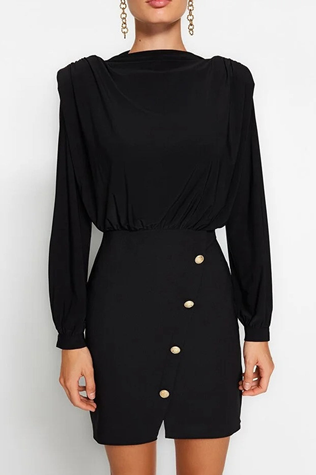 Button Detailed Mini Woven Dress with Padded Shoulder Pads