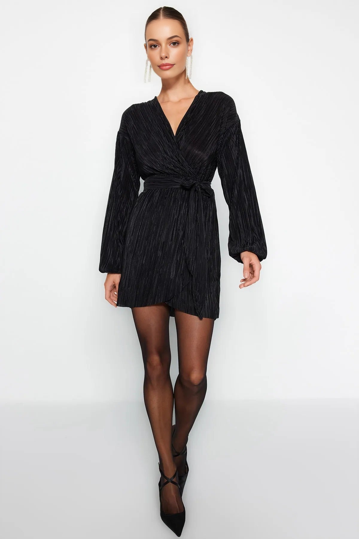 Belted A-Line Pleated Knit Short Elegant Evening Dress