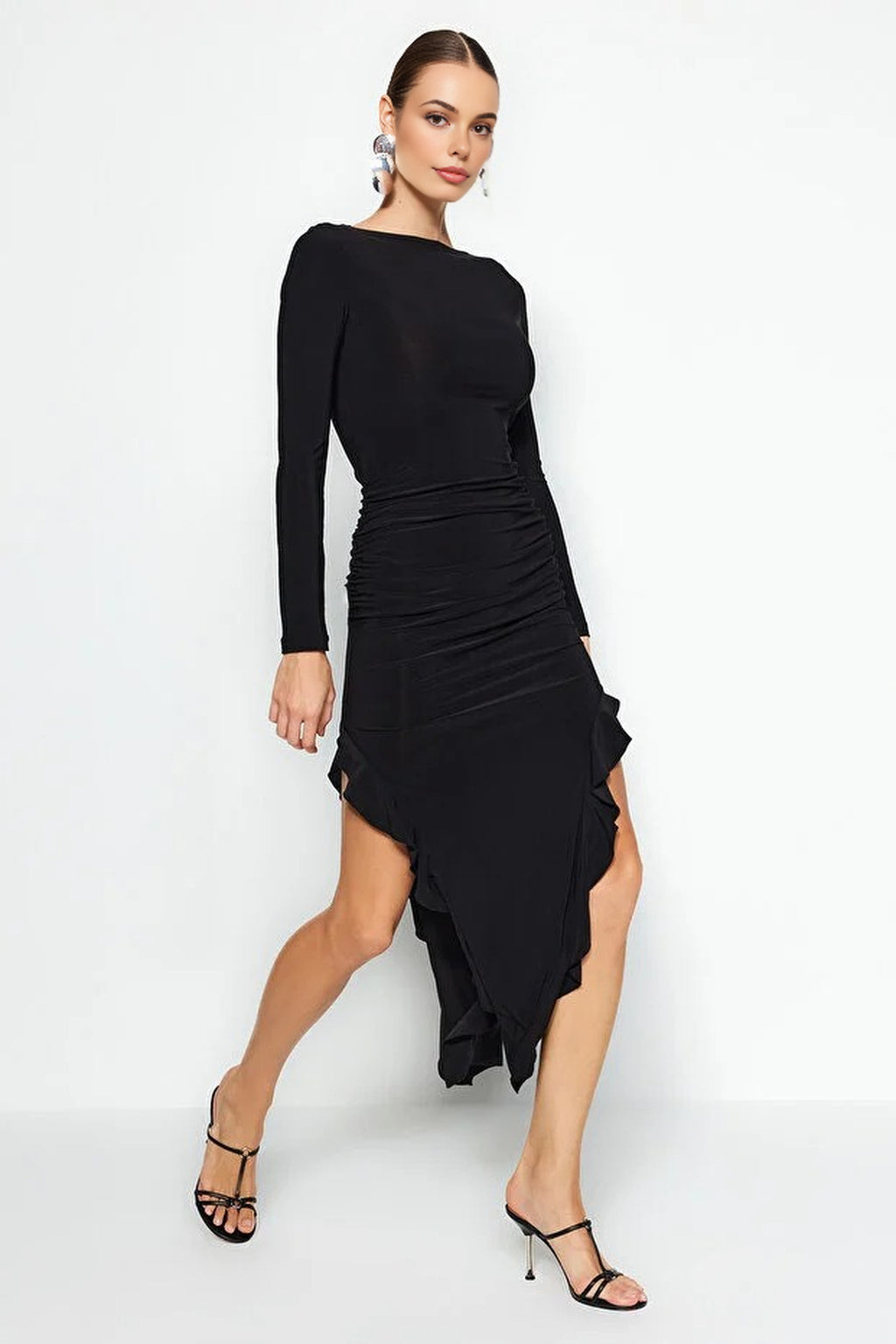 Boat Neck Maxi Stretch Knit Dress with Flounce Skirt