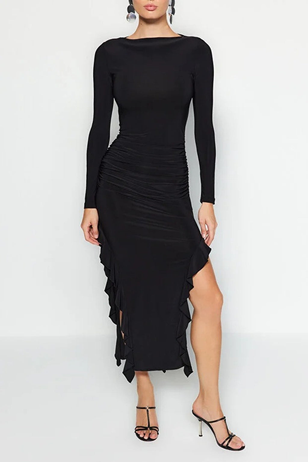 Boat Neck Maxi Stretch Knit Dress with Flounce Skirt