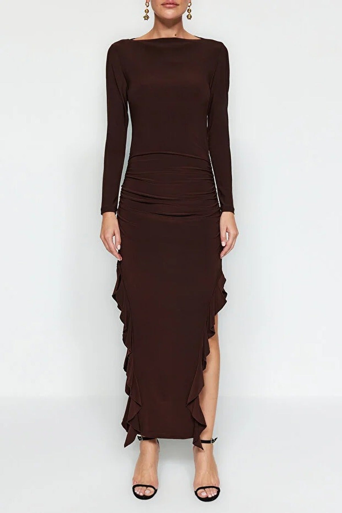 Boat Neck Maxi Stretch Knit Dress with Flounce Skirt