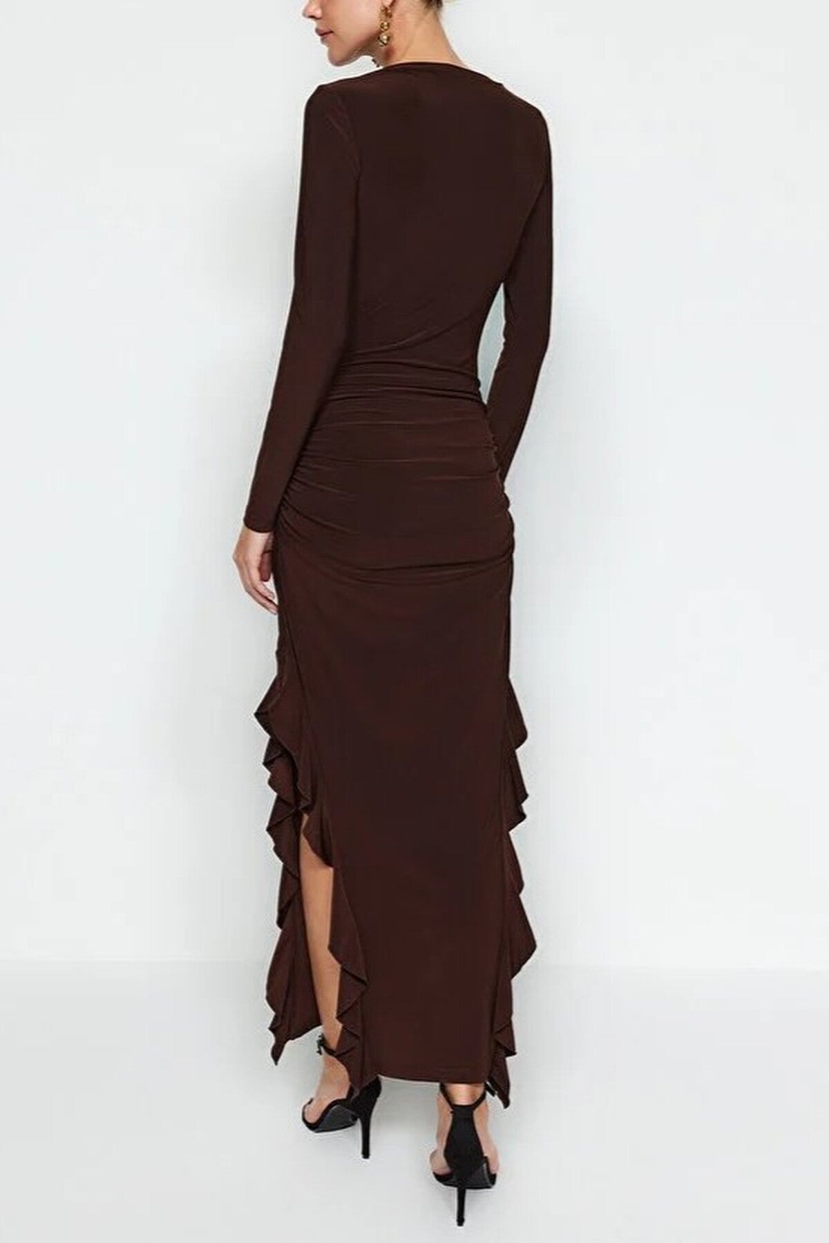 Boat Neck Maxi Stretch Knit Dress with Flounce Skirt