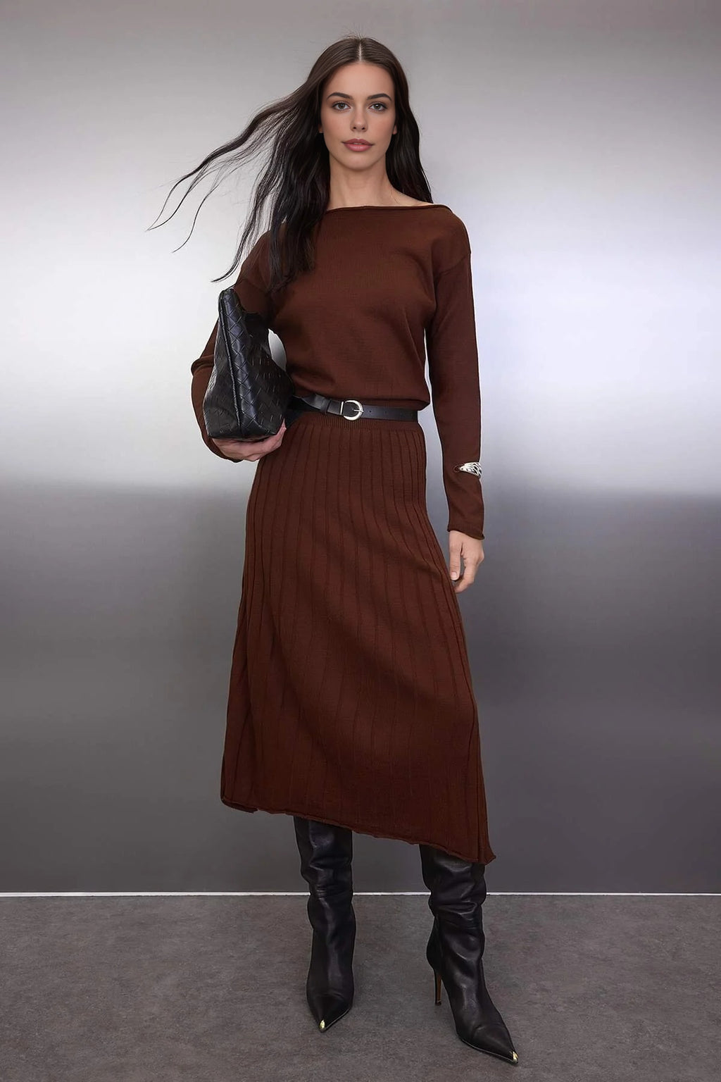 A-line Boat Neck Maxi Knit Belted Long Dress