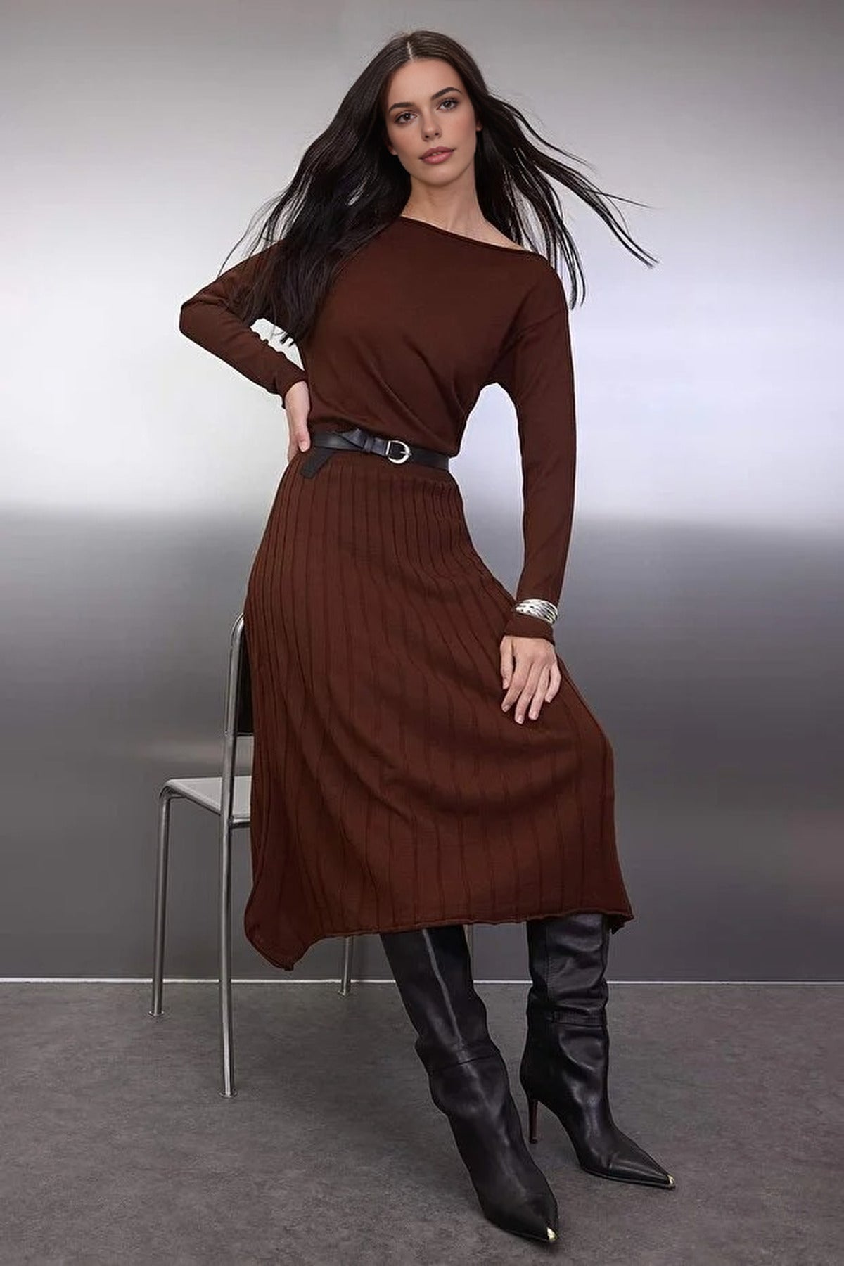A-line Boat Neck Maxi Knit Belted Long Dress