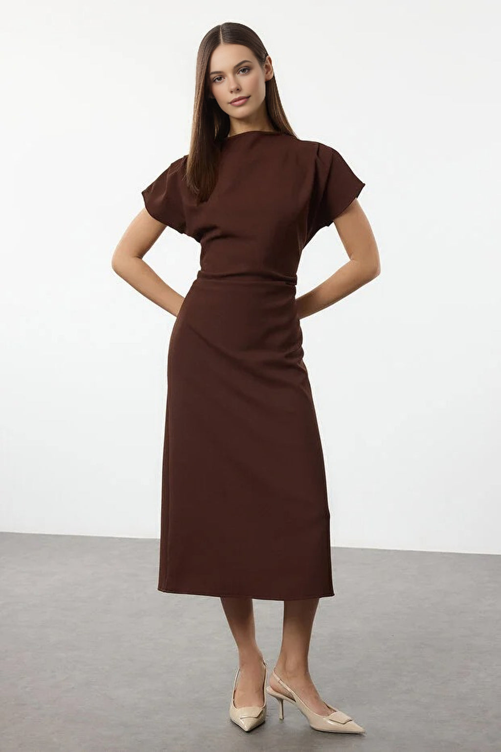 A-Line Cowl Neck Midi Woven Dress