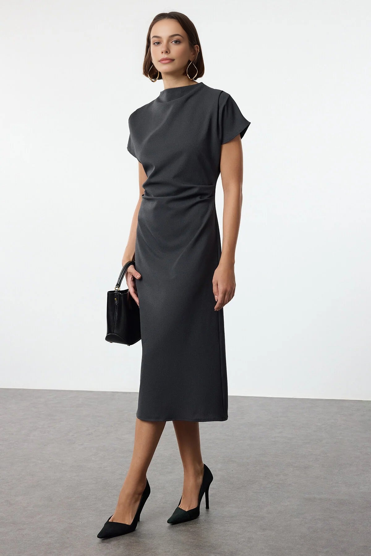 A-Line Cowl Neck Midi Woven Dress