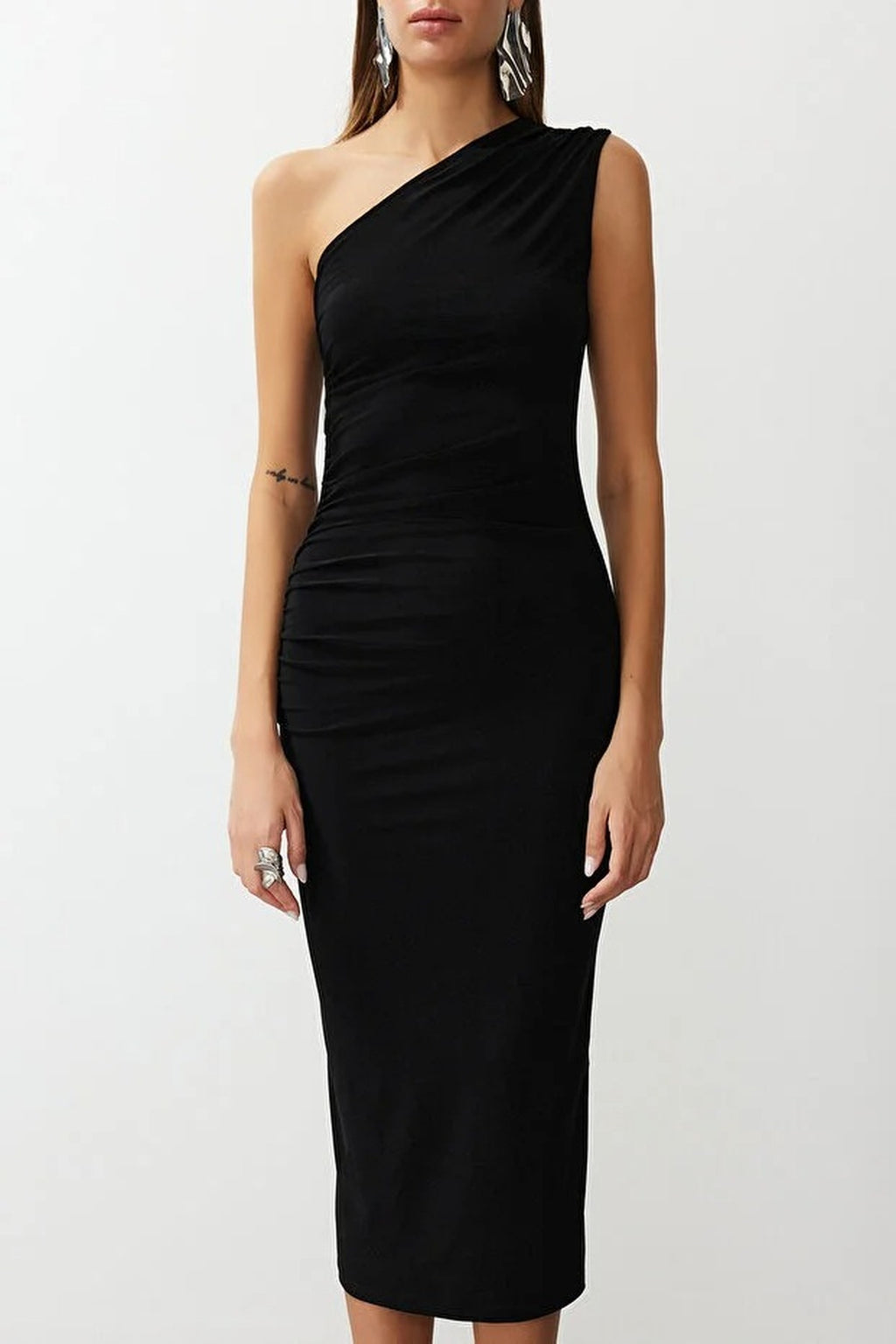 One-Shoulder Draped Stretch Knit Dress