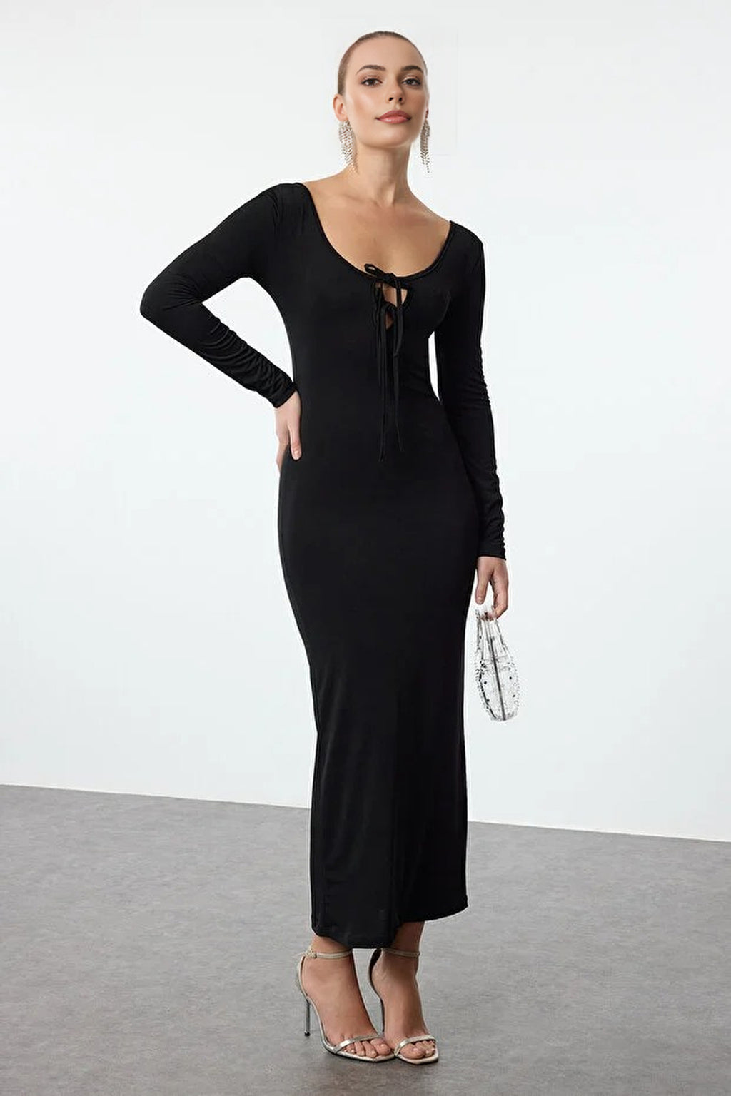 Knit Long Evening Dress with Tie Detail