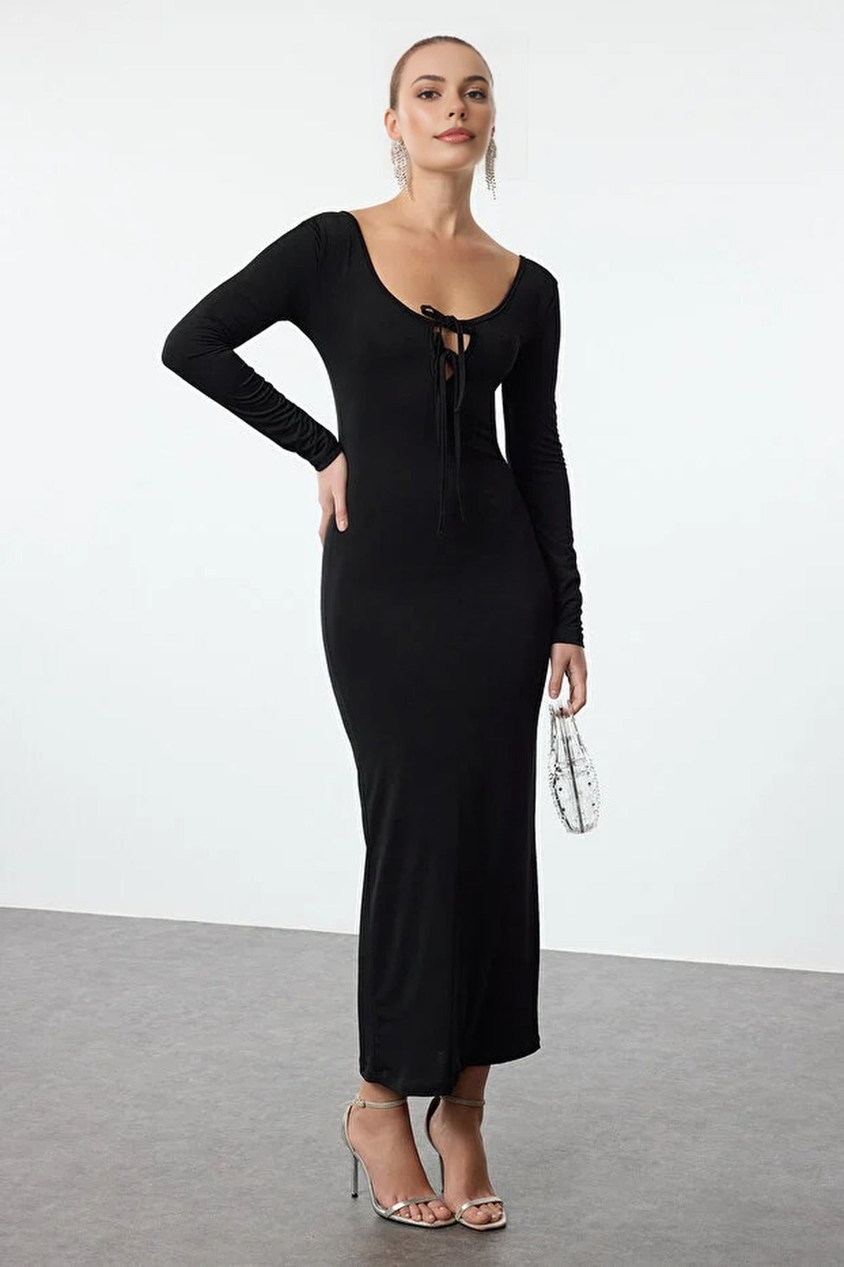 Knit Long Evening Dress with Tie Detail