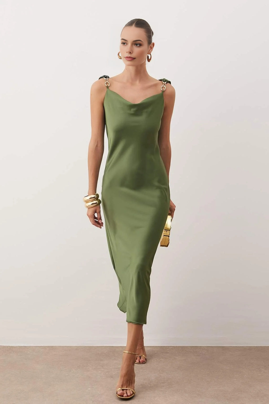 Woven Satin Maxi Party Dress with Accessory Details