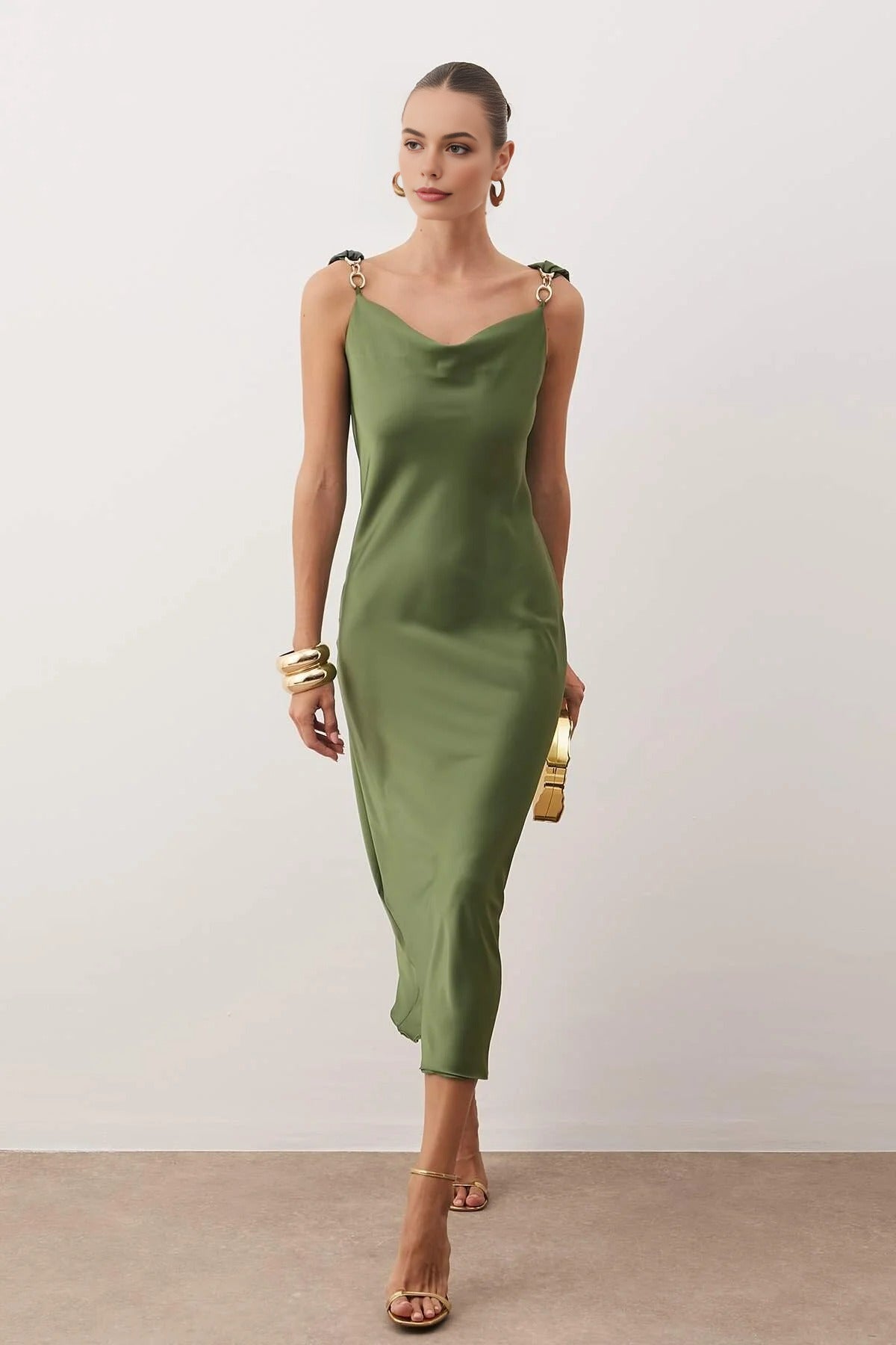 Woven Satin Maxi Party Dress with Accessory Details