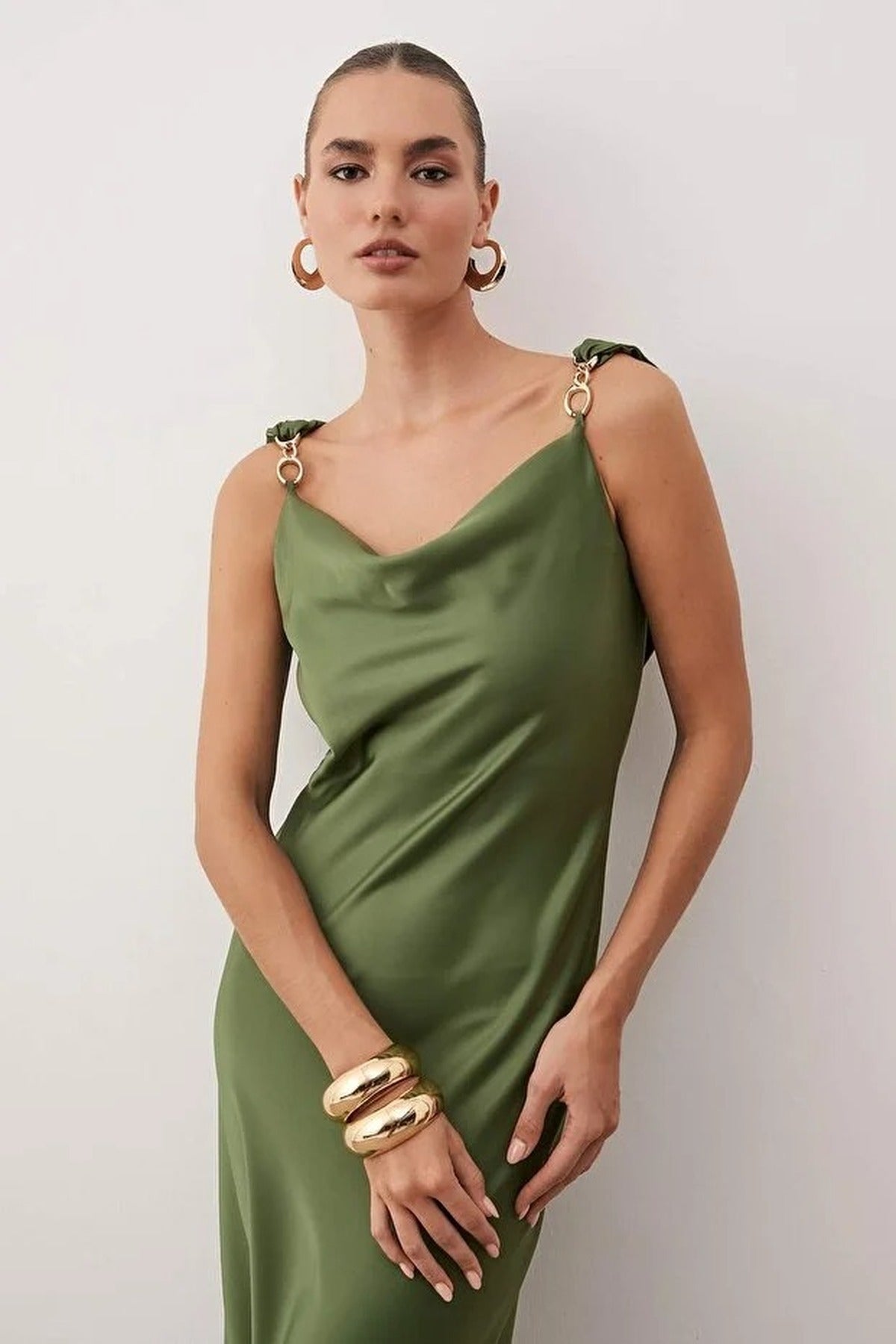 Woven Satin Maxi Party Dress with Accessory Details
