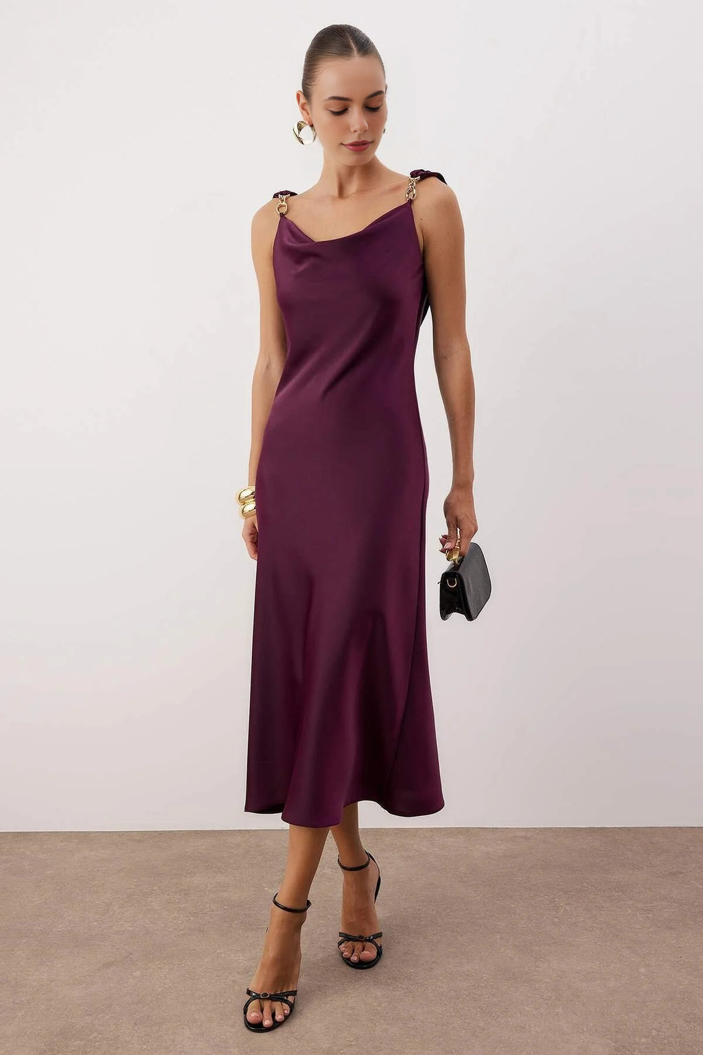 Woven Satin Maxi Party Dress with Accessory Details