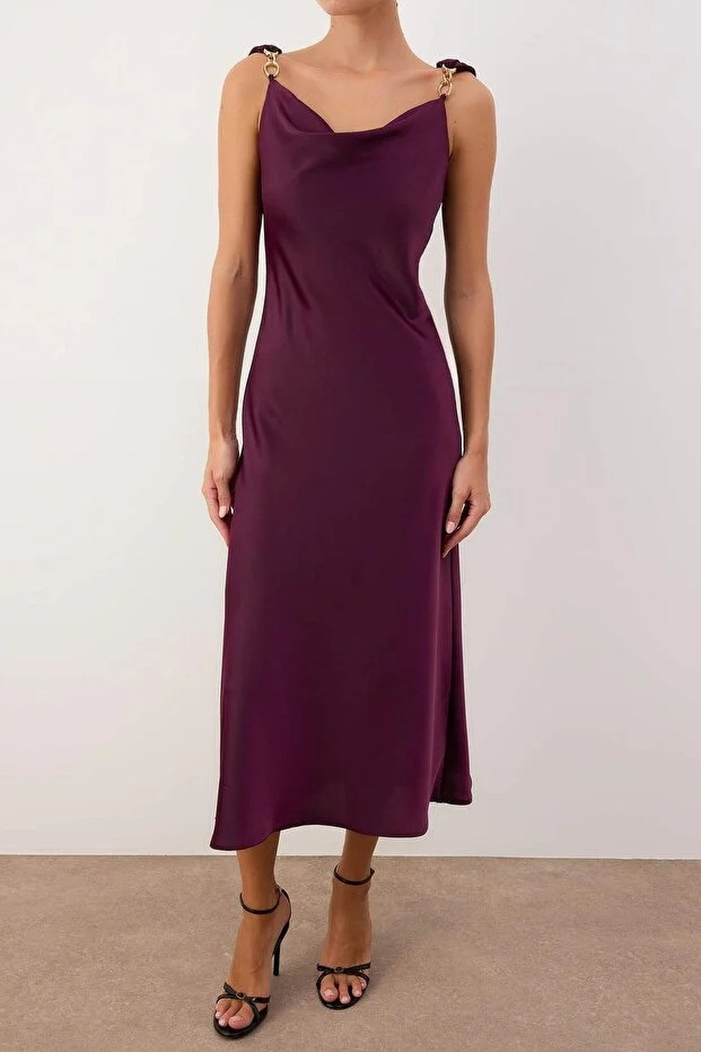 Woven Satin Maxi Party Dress with Accessory Details