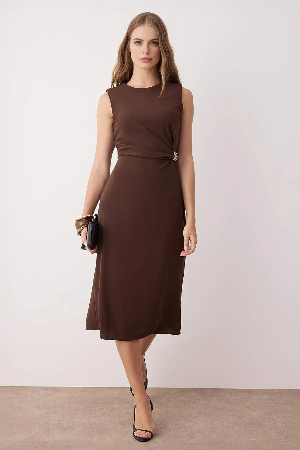 Midi Woven Dress with Accessory Details