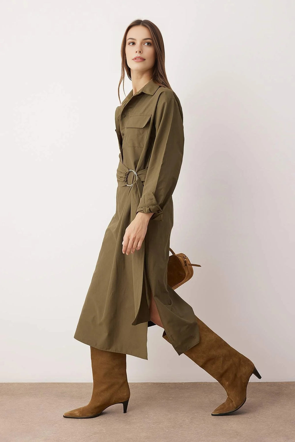 Belted A-Line Midi Woven Dress