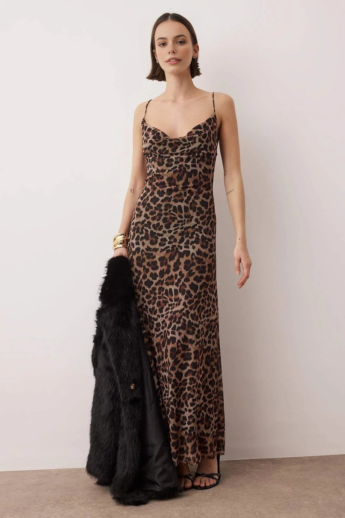Leopard Print Cowl Neck Tulle Evening Dress