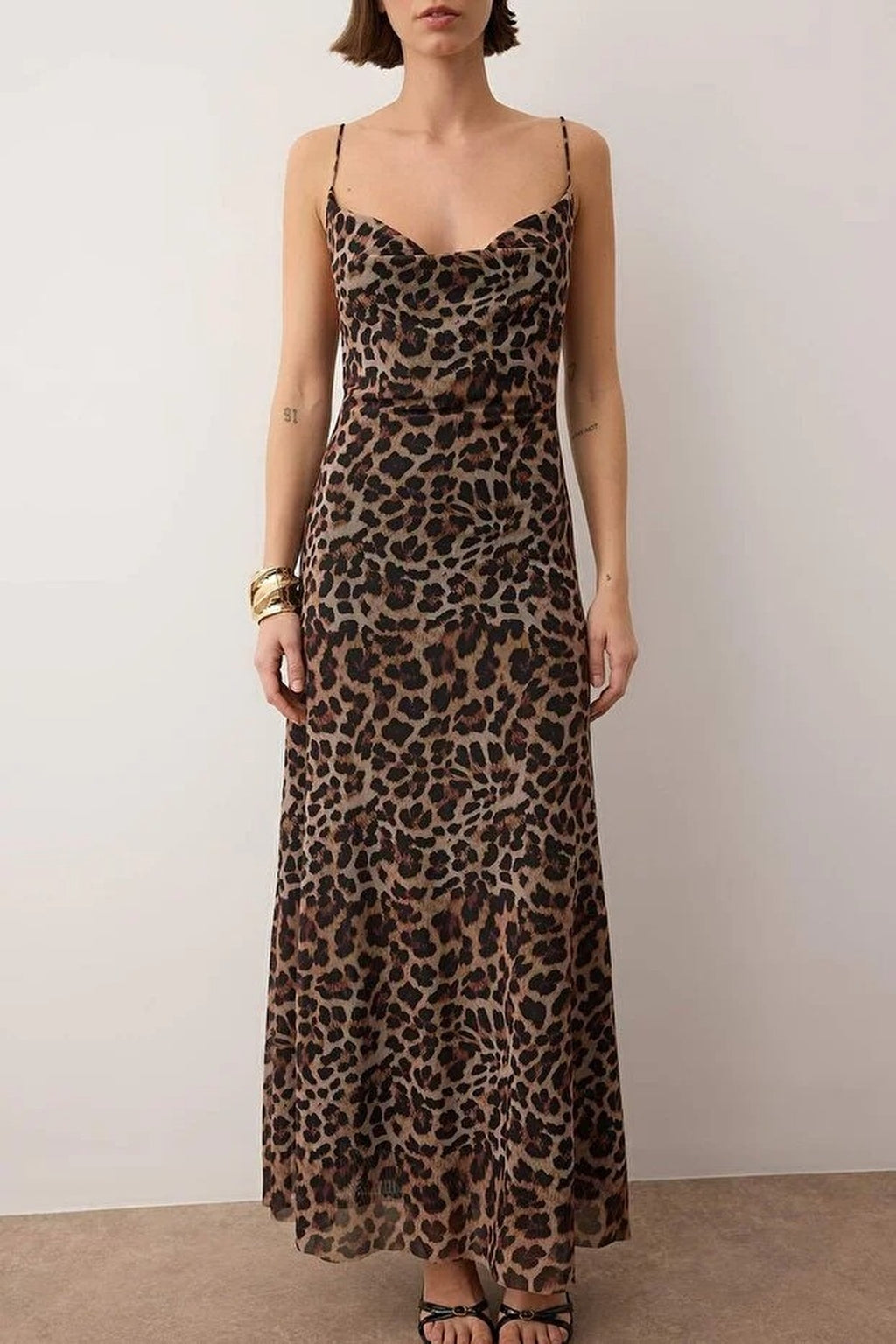 Leopard Print Cowl Neck Tulle Evening Dress