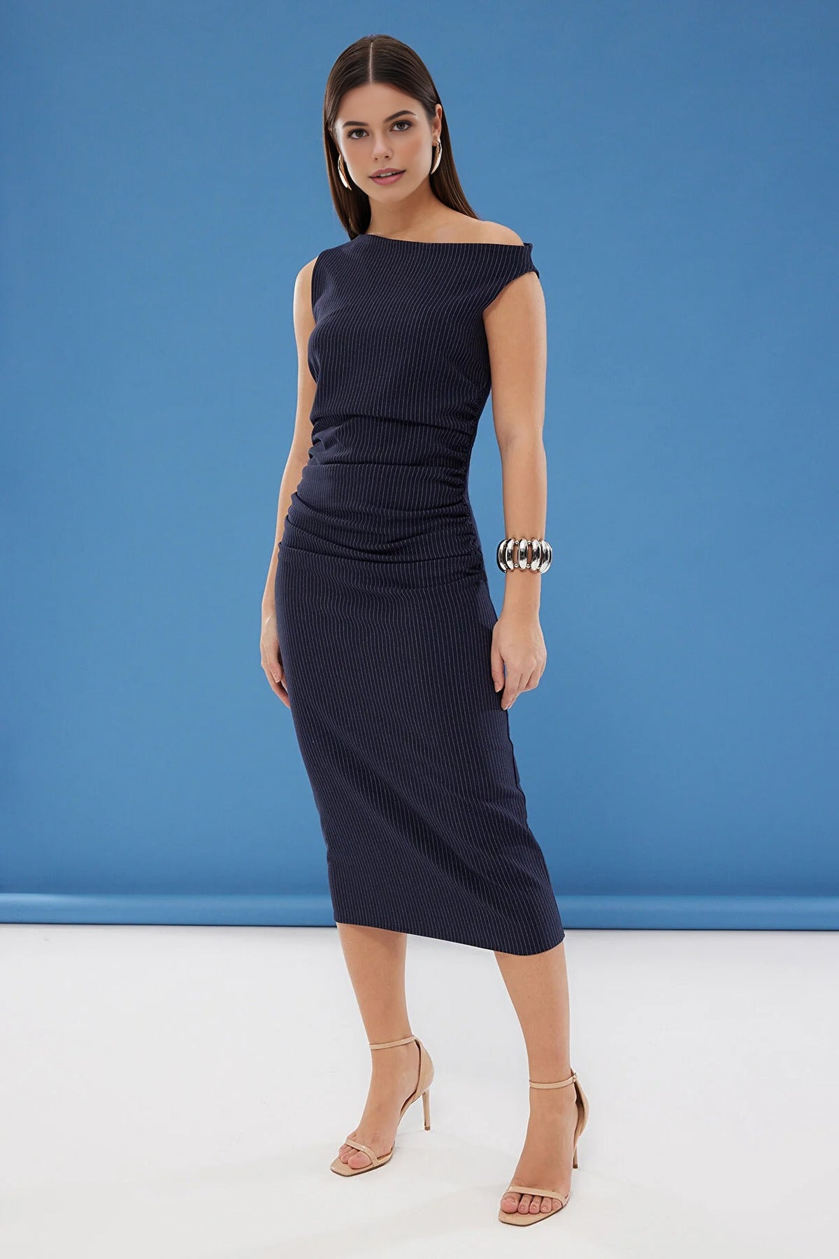 Striped Bodycon Midi Woven Dress