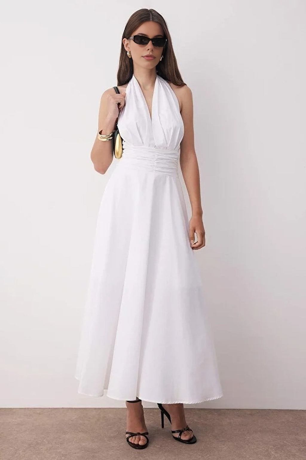 Low-Cut Halter Neck Poplin Lined Woven Dress