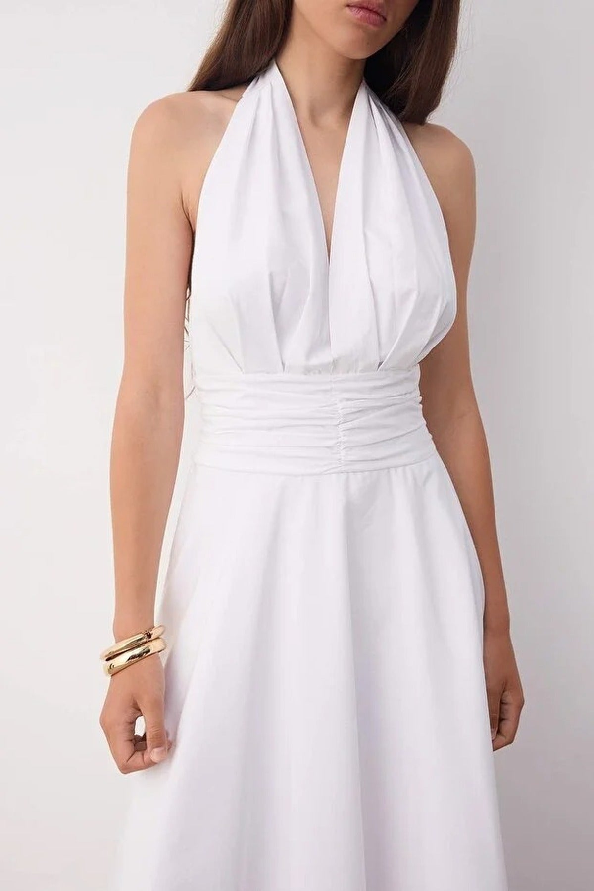 Low-Cut Halter Neck Poplin Lined Woven Dress