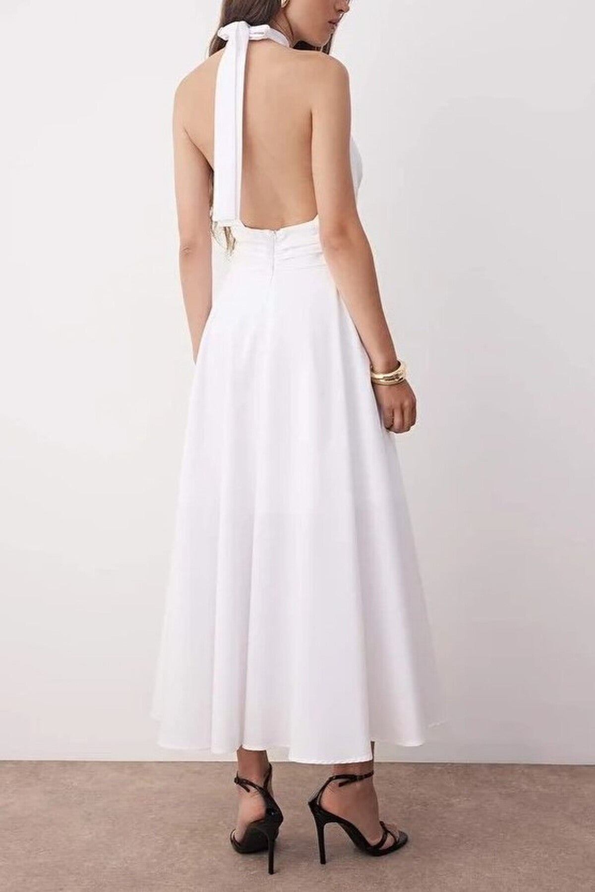 Low-Cut Halter Neck Poplin Lined Woven Dress