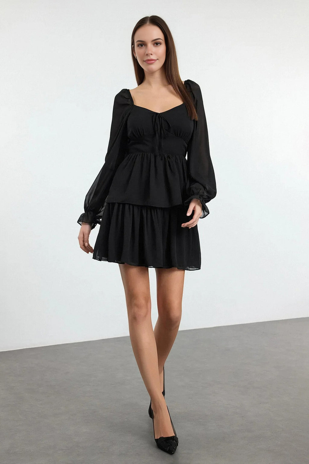 Ruffled Mini Lined Chiffon Woven Dress