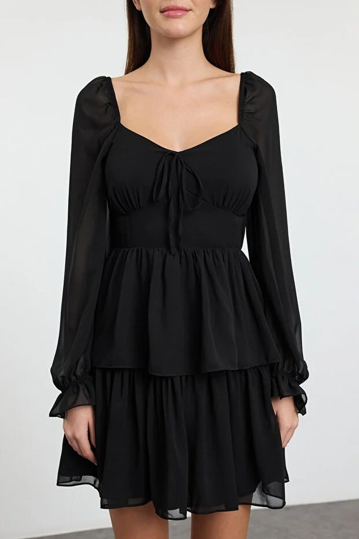 Ruffled Mini Lined Chiffon Woven Dress