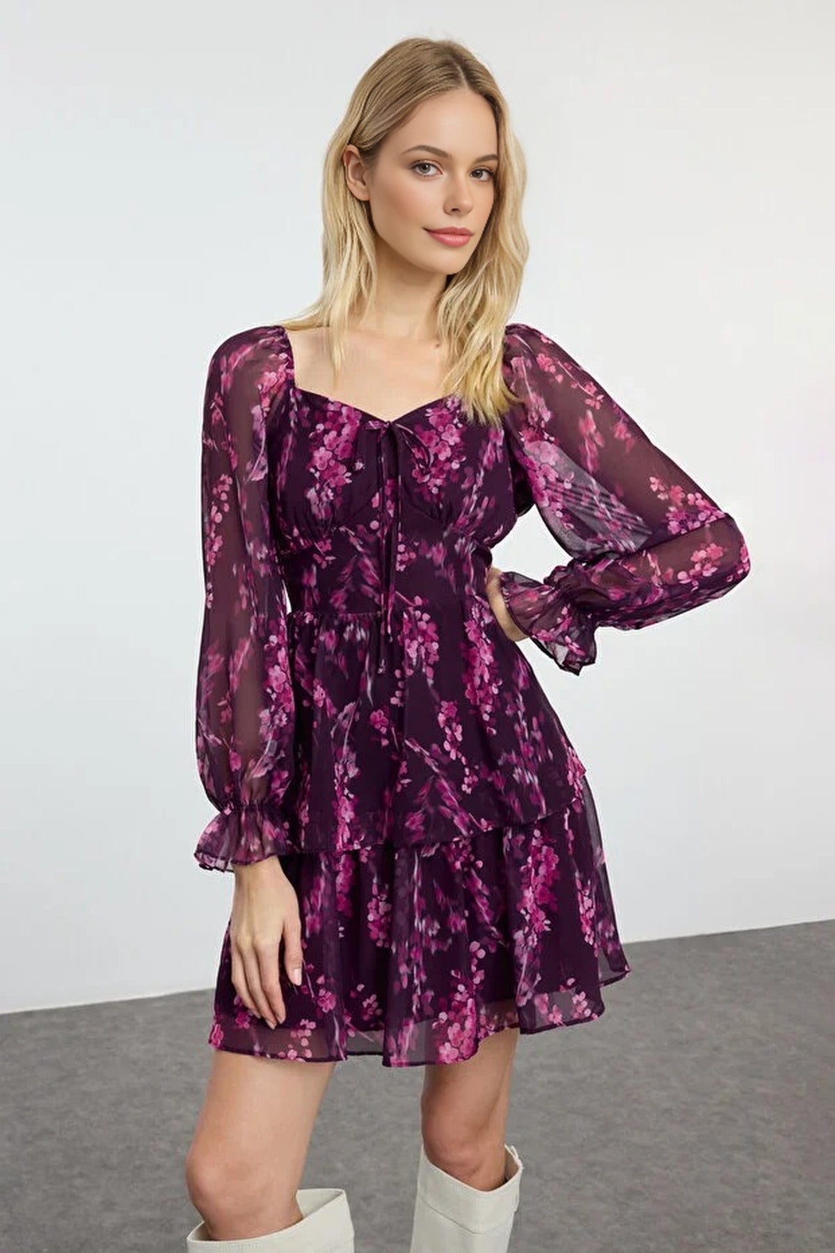 Ruffled Mini Lined Chiffon Woven Dress