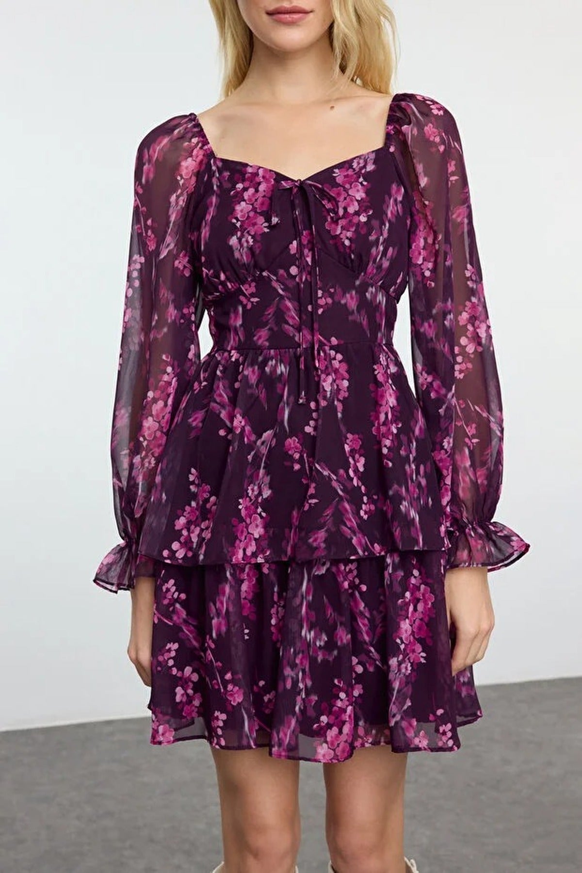 Ruffled Mini Lined Chiffon Woven Dress