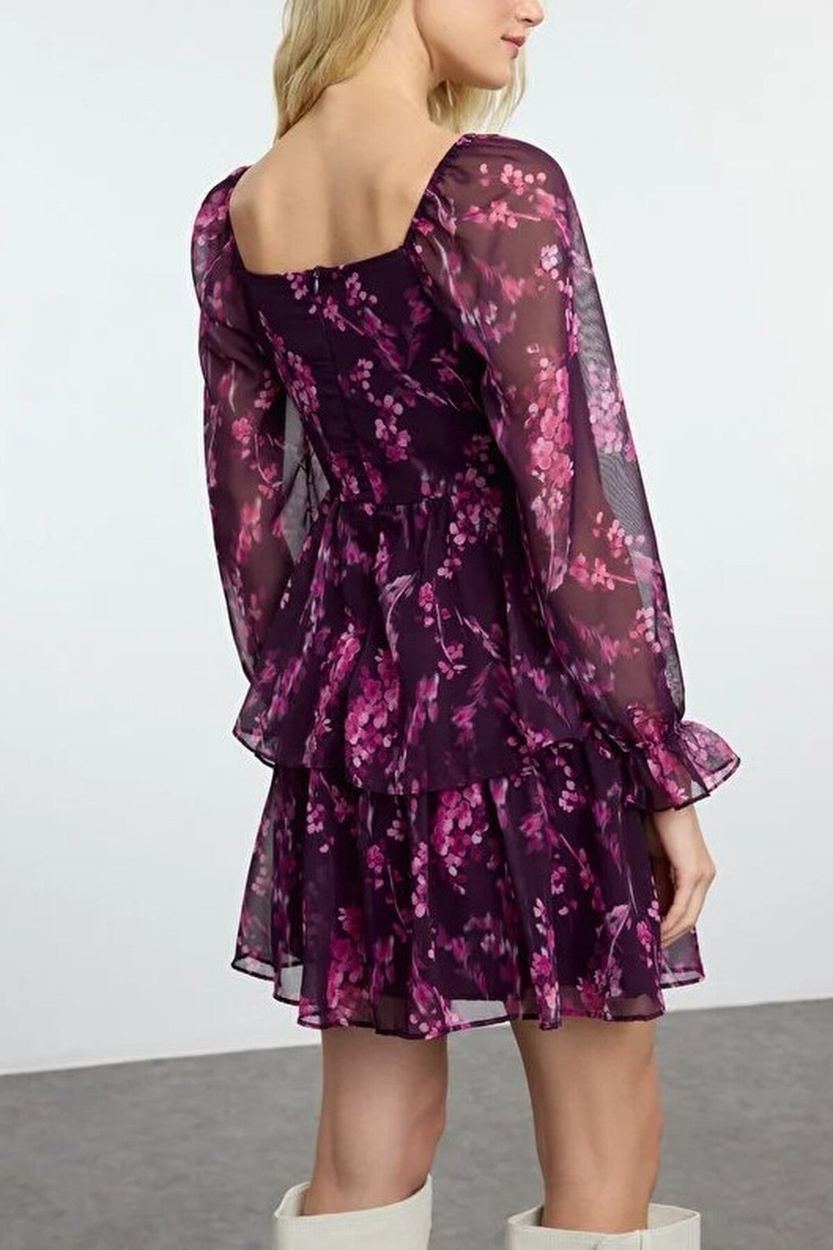 Ruffled Mini Lined Chiffon Woven Dress