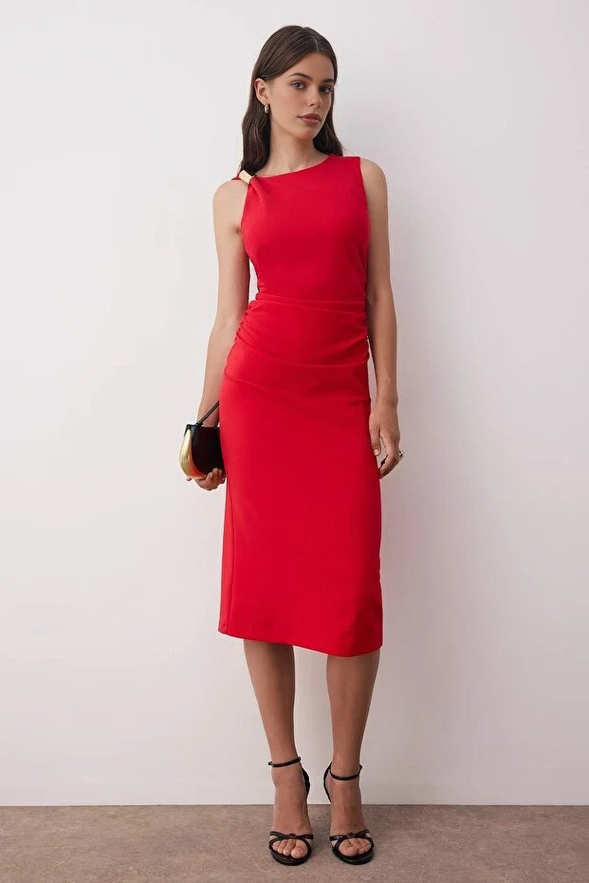 Midi Woven Dress with Accessory Details