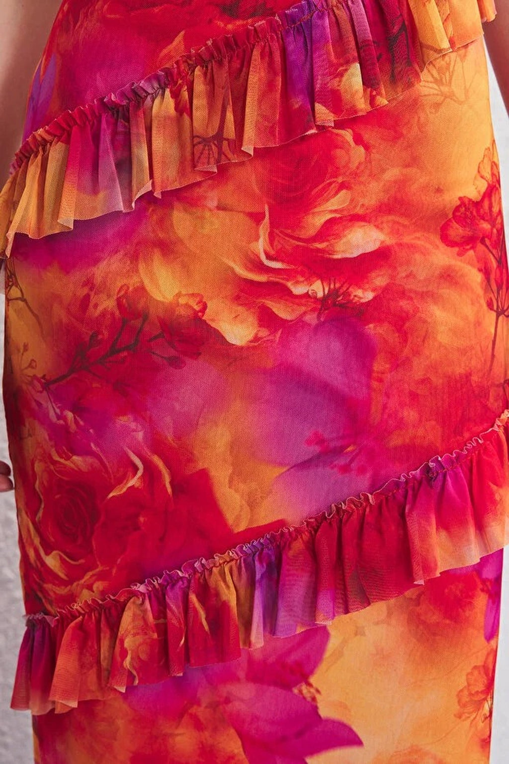 Tulle Lined Maxi Evening Dress with Ruffle Detail
