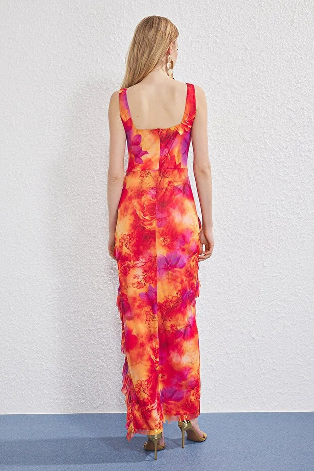 Tulle Lined Maxi Evening Dress with Ruffle Detail