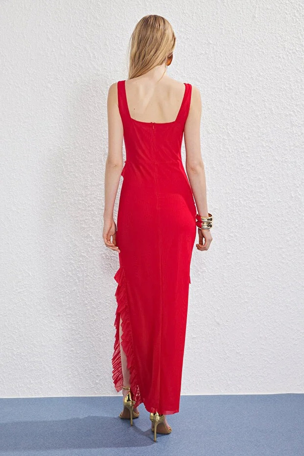 Tulle Lined Maxi Evening Dress with Ruffle Detail