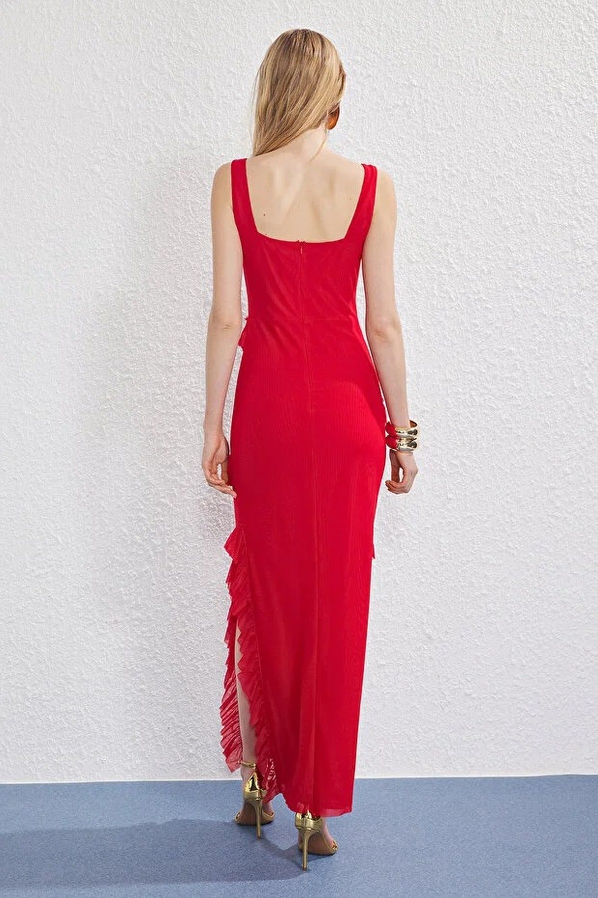 Tulle Lined Maxi Evening Dress with Ruffle Detail