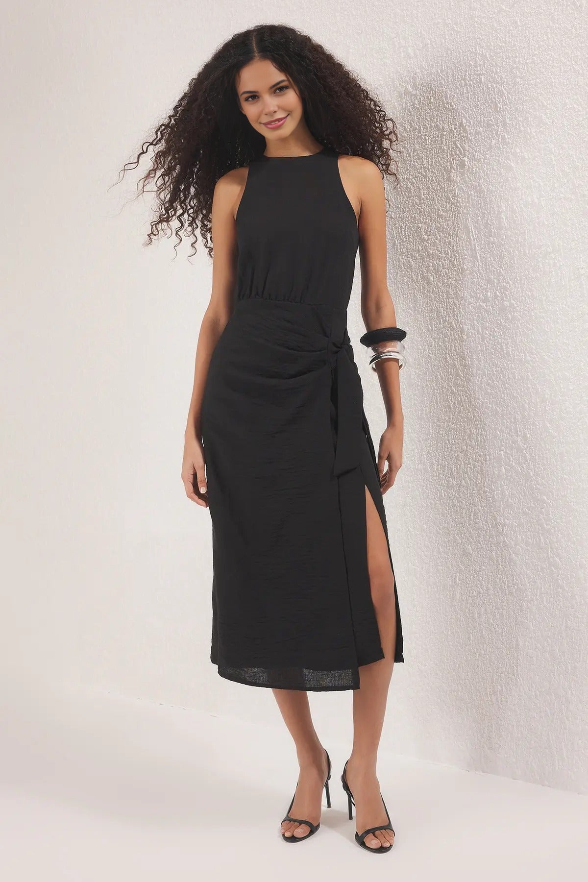 Midi Woven Dress with Tie Detail