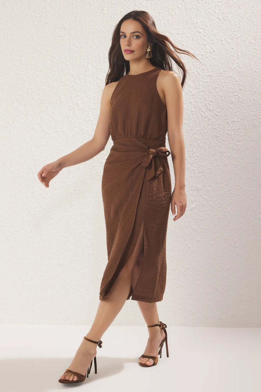 Midi Woven Dress with Tie Detail