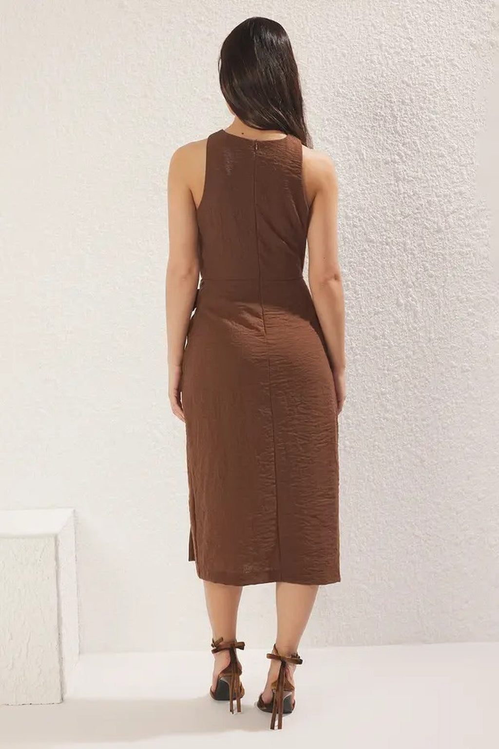 Midi Woven Dress with Tie Detail