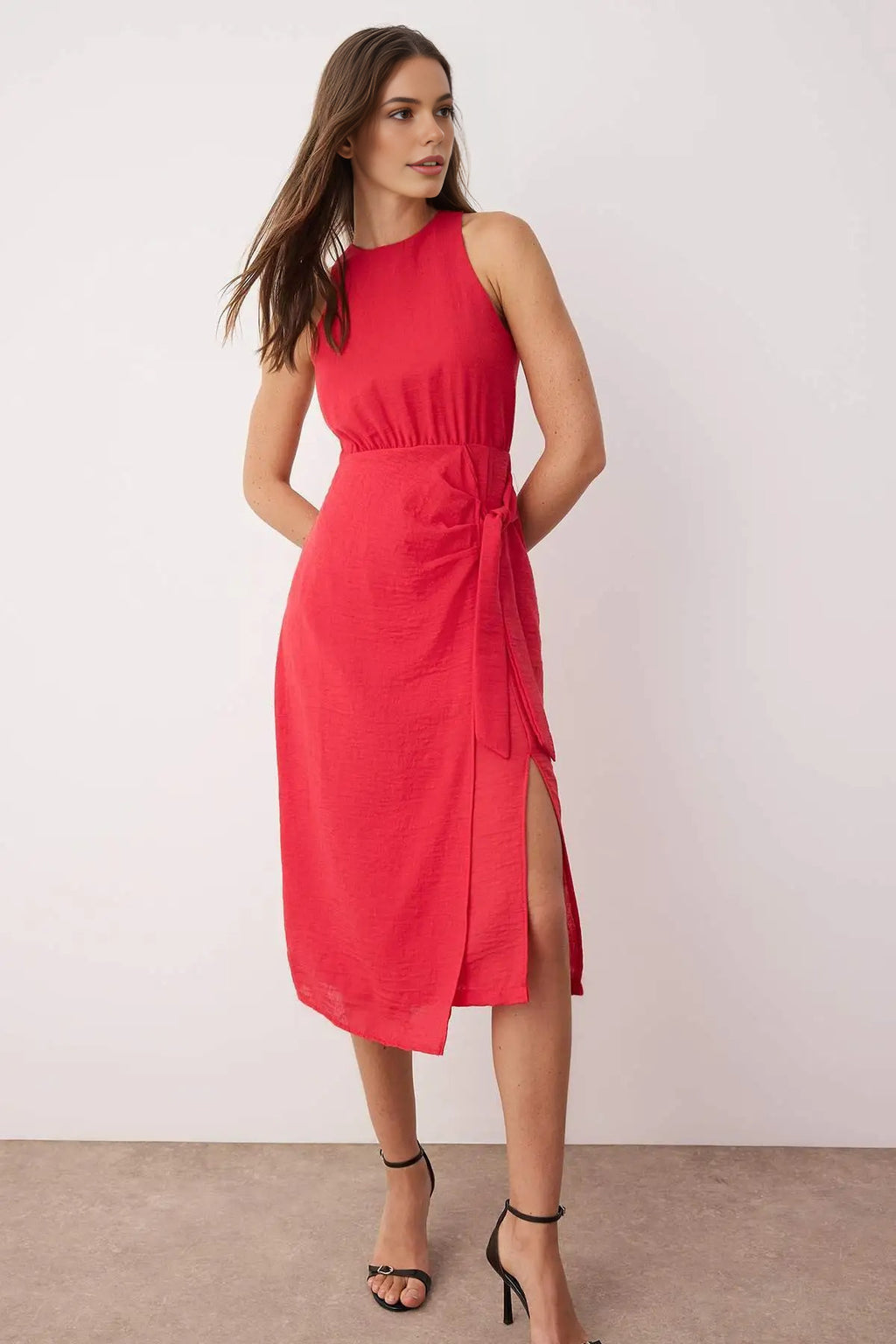 Midi Woven Dress with Tie Detail