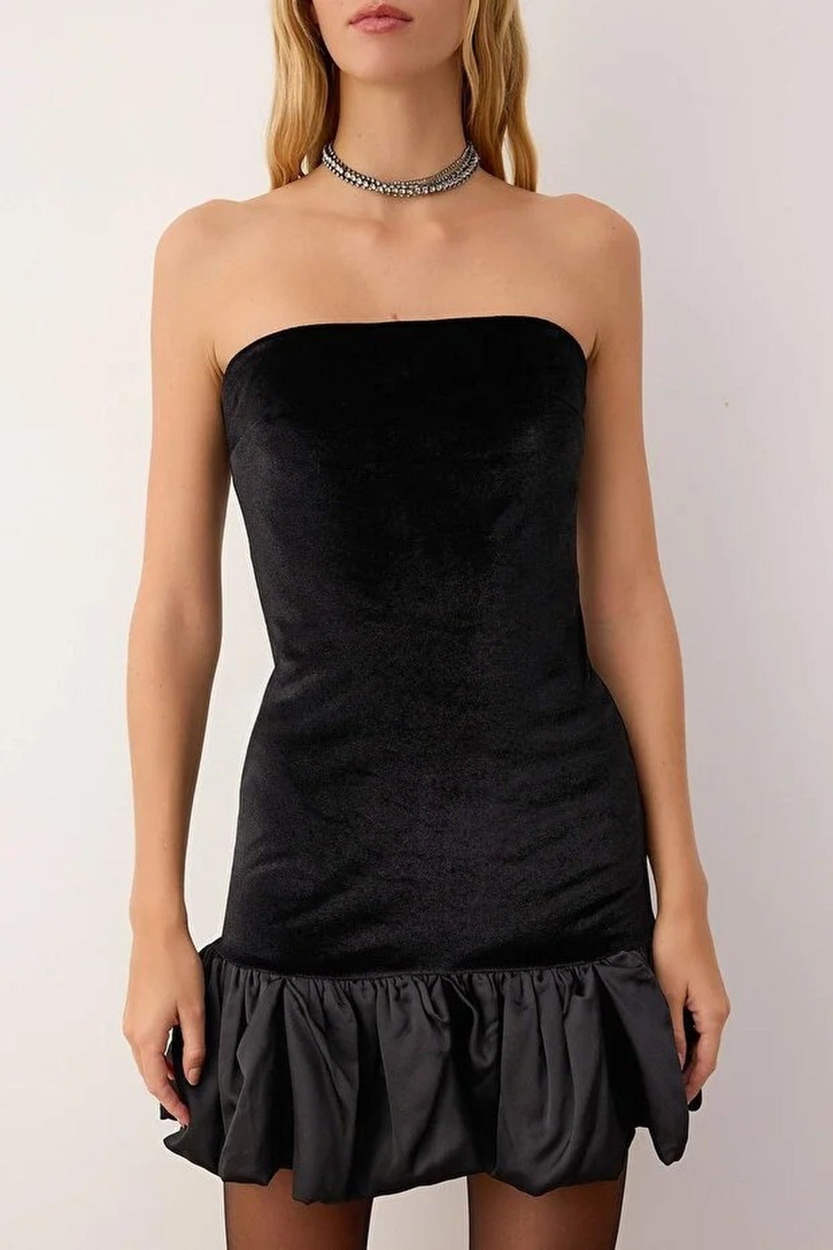 Velvet Strapless Dress with Satin Balloon Skirt Detail