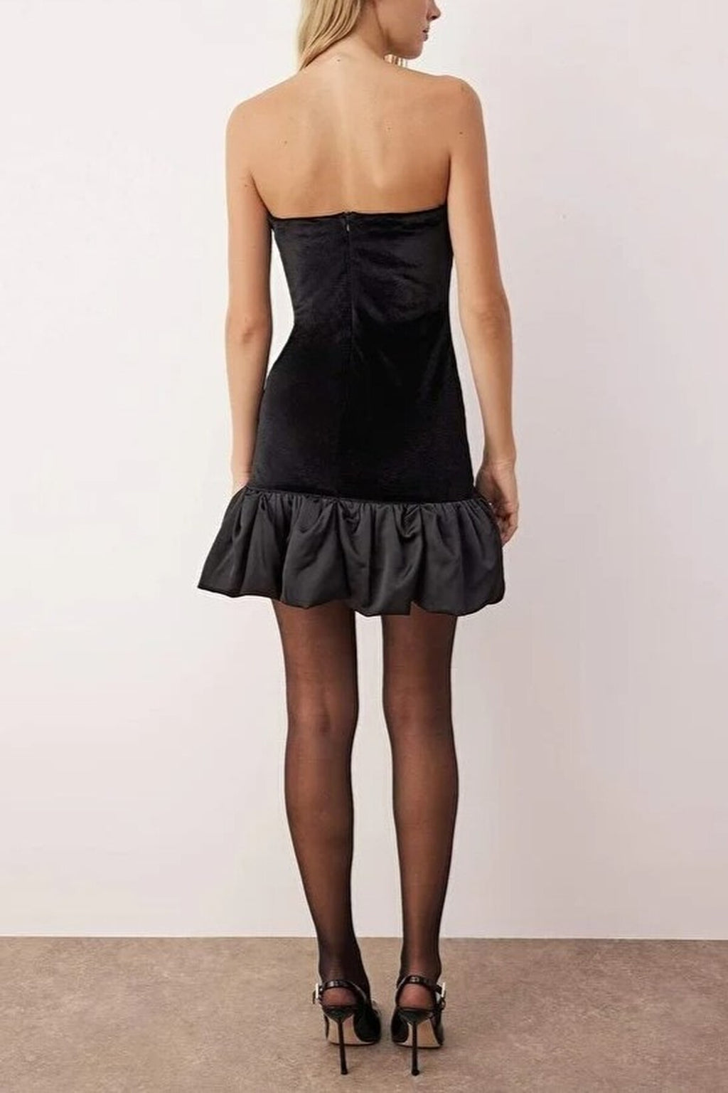 Velvet Strapless Dress with Satin Balloon Skirt Detail