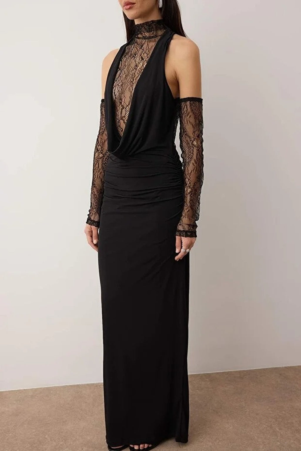 Deep Cowl Neck Maxi Evening Dress with Lace Detail