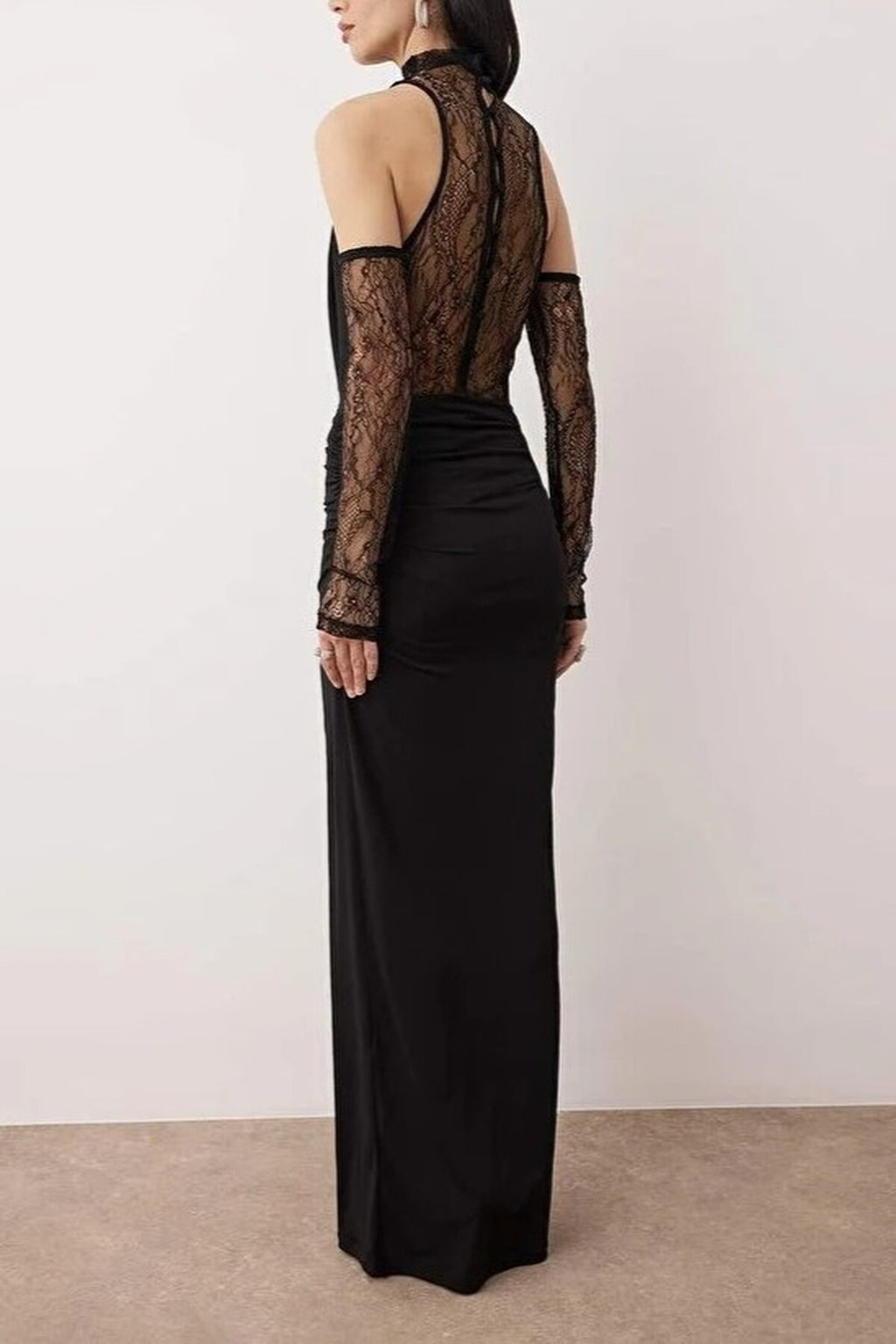 Deep Cowl Neck Maxi Evening Dress with Lace Detail